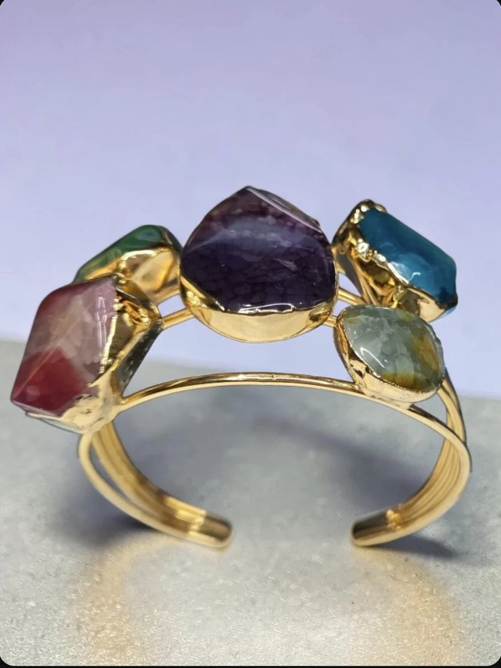 18k Gold Plated Chunky Artisan Agate Natural Stone Multi Color Cuff Bracelet
